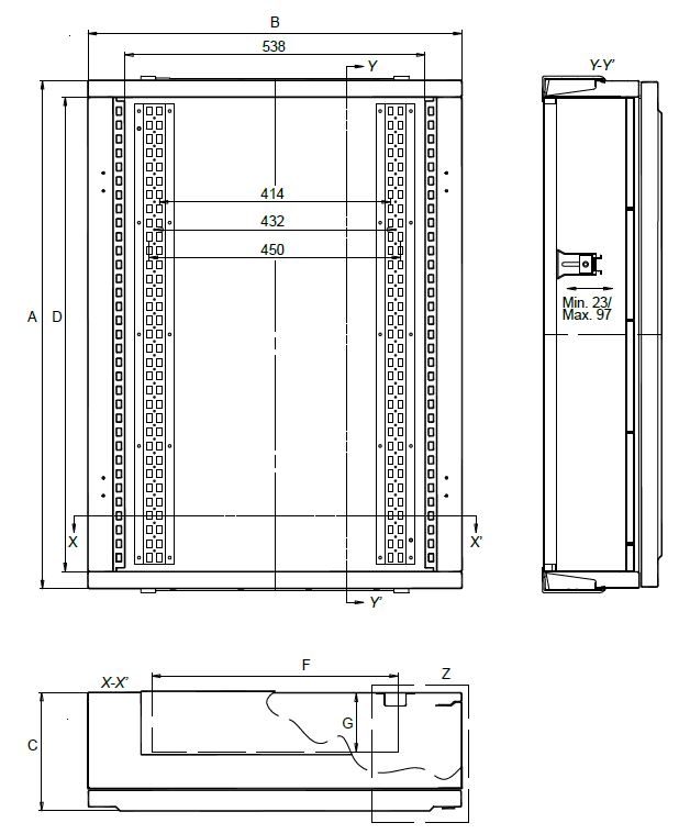 Schema de l'armoire avec vue en coupe et dimensions
