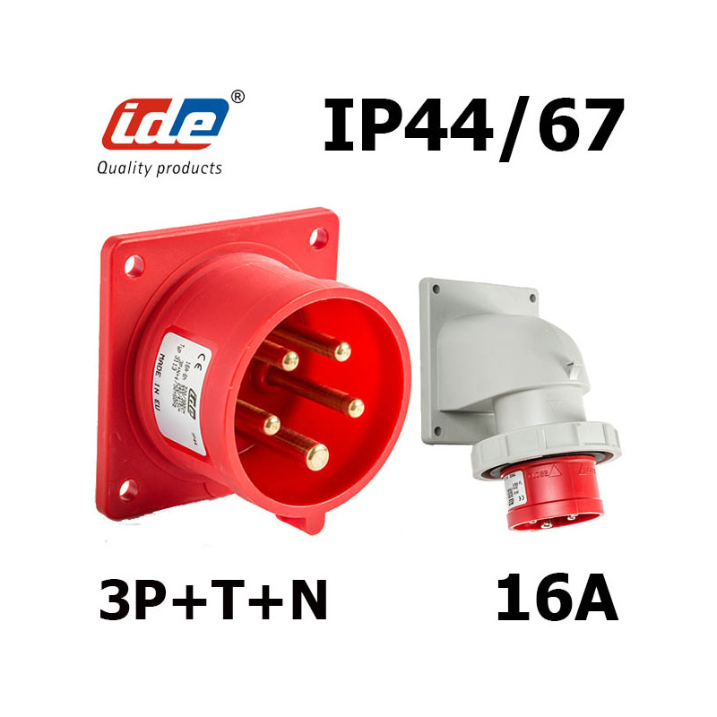 Embase male à encastrer 16A 3P+T+N 380V - Étanche IP44 ou IP67 IDE Embase male à encastrer 16A 3P+T+N 380V - Étanche IP44 ou IP67 IDE