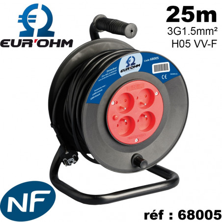 Enrouleur électrique 4 prises 2P+T 3G1.5mm² 25-50m noir H05 VV-F NF Eur'Ohm