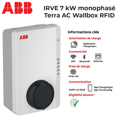Borne de recharge véhicule électrique IRVE 7 kW monophasée - Terra AC Wallbox RFID ABB