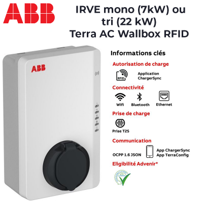 Borne de recharge véhicule électrique IRVE monophasée (7kW) ou triphasée (22 kW) - Terra AC Wallbox RFID ABB