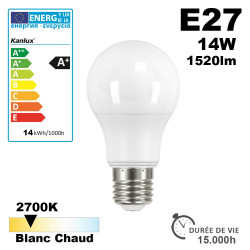 Ampoule LED E27 IQ-LED A60 14W 1520lm 2700K - Garantie 3 ans - TUV Certified Ampoule LED E27 IQ-LED A60 14W 1520lm 2700K - Garantie 3 ans - TUV Certified