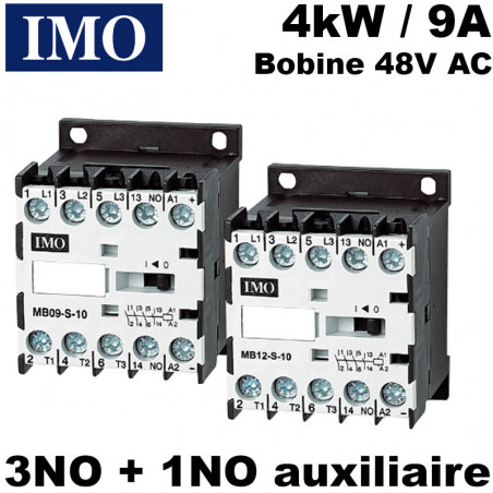 Contacteur bobine 48V - 3NO + 1 NO 4kW 9a 48V AC (fixable sur rail DIN) IMO
