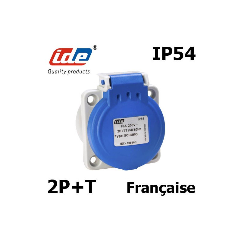 Prise française 2P+T IP54 à encastrer sur coffret. IDE