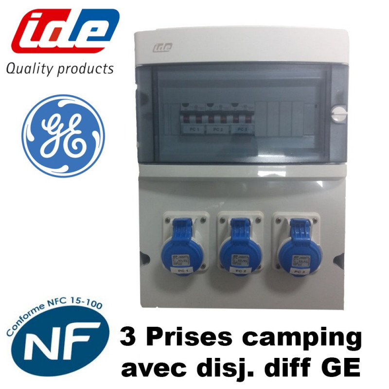 Coffret de camping 3 prises CEE avec disjoncteur diff GE IDE Coffret de camping 3 prises CEE avec disjoncteur diff GE IDE