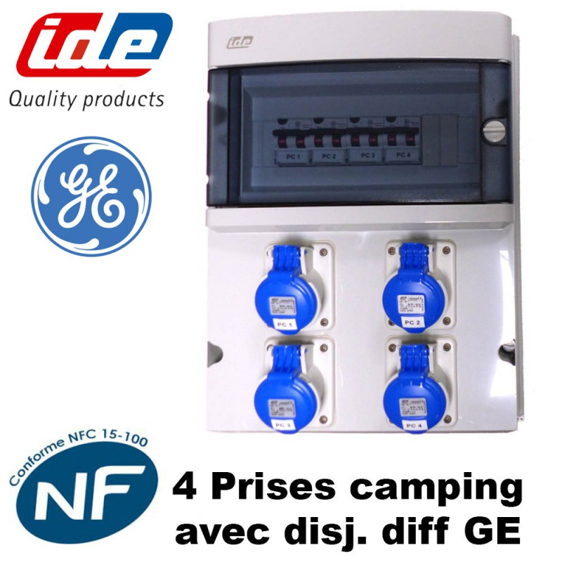 Coffret de camping 4 prises pour caravane avec disj diff GE IDE Coffret de camping 4 prises pour caravane avec disj diff GE IDE
