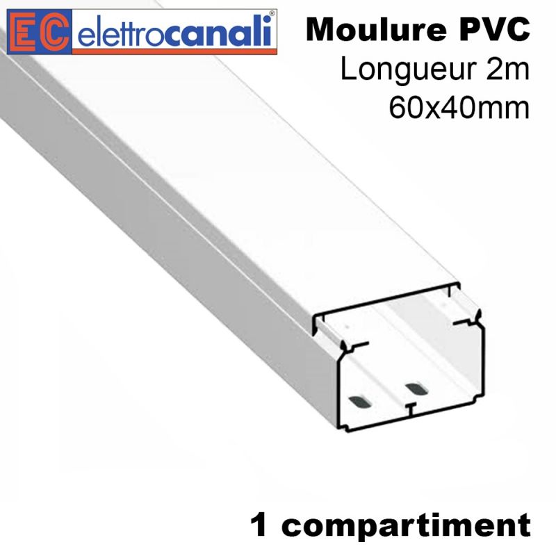 Moulure électrique PVC 60x40mm pour mur ou plafond - Longueur 2 mètres