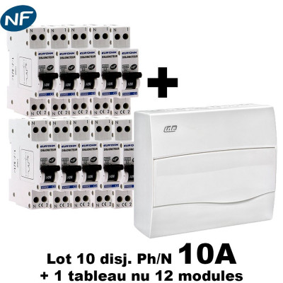 Lot de 10 disjoncteurs 10/16 ou 20A + 1 coffret 12 modules EUR'OHM