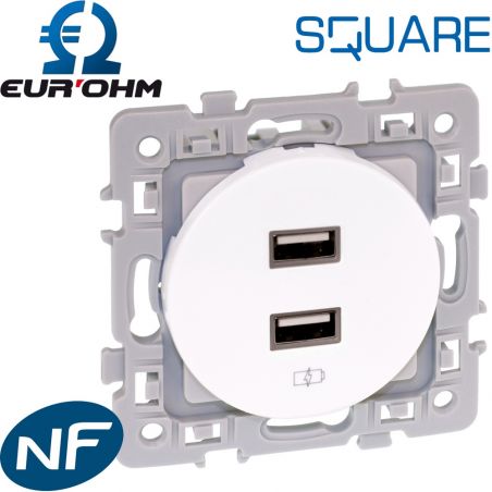 Prise double chargeur USB femelle Blanc Square Eurohm - 1 poste Eur'Ohm