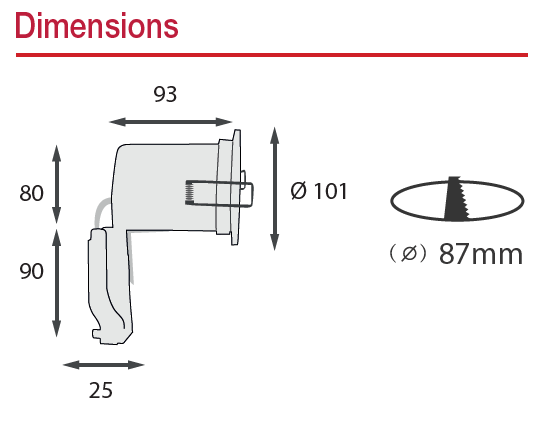 dimensions Spot GU10 BBC orientable Rond Blanc avec douille automatique 100 mm