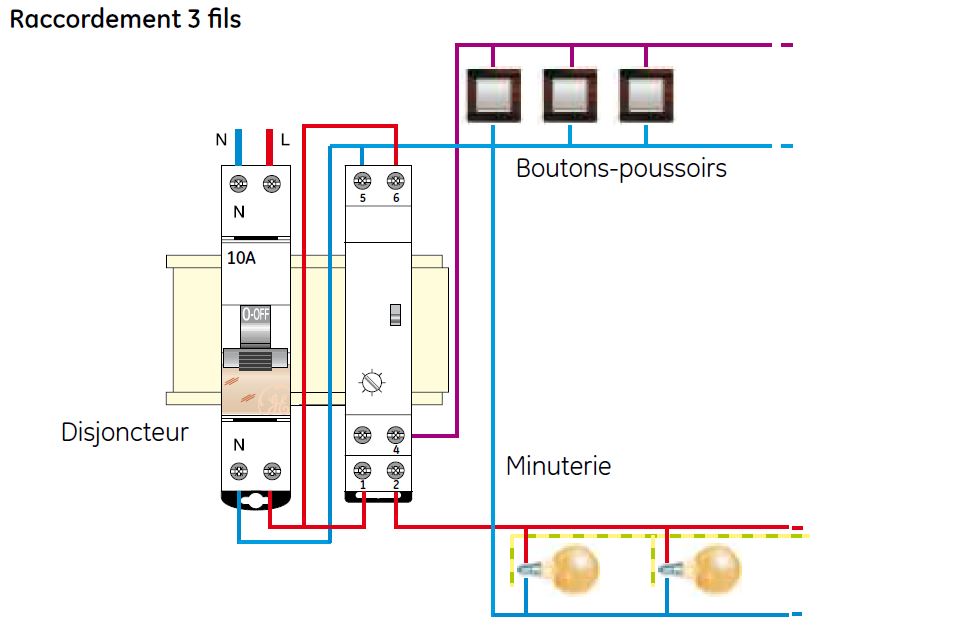 schéma raccordement minuterie modulaire en 3 fils