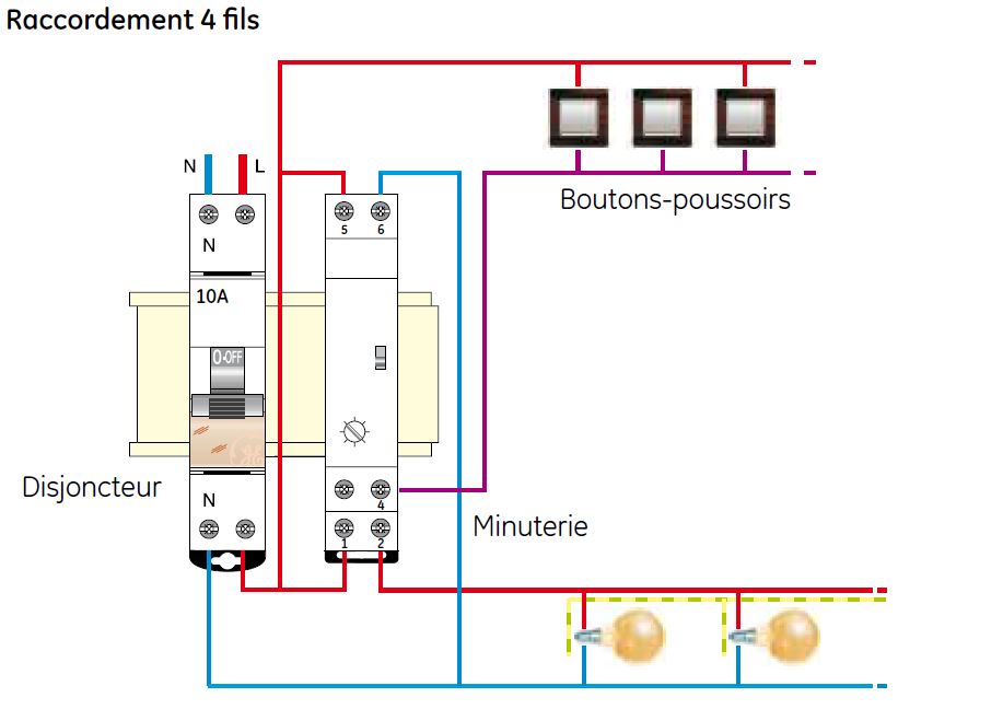 schéma raccordement minuterie modulaire en 4 fils