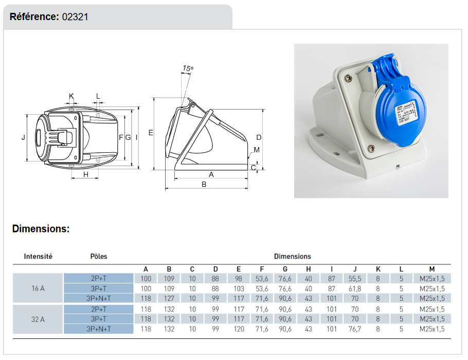 Dimensions Socle prise murale CEE 2P+T 16A étanche IP44