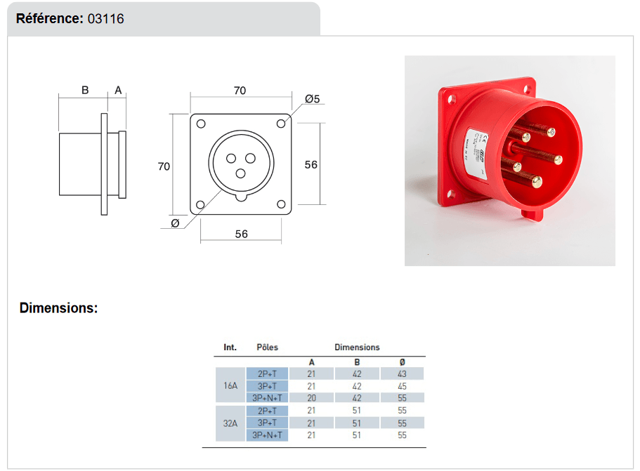 dimensions Embase male a encastrer 32A 3P+T+N IP44 380V
