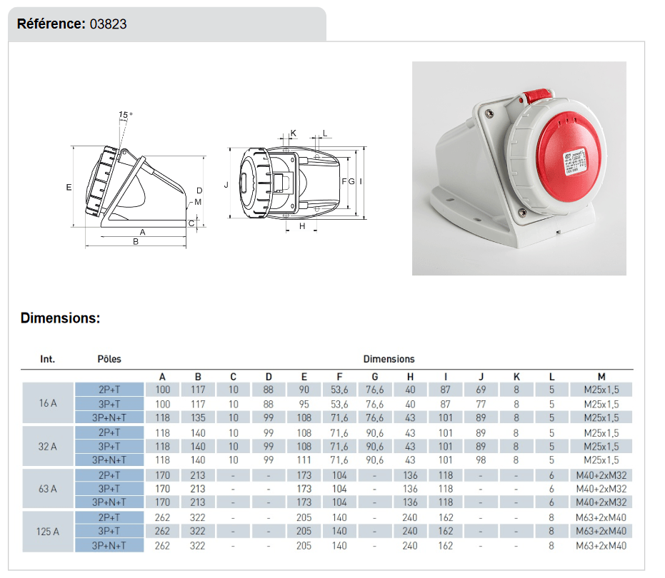 dimension Socle mural prise 3P+N+T 16A etanche IP67 en 380V