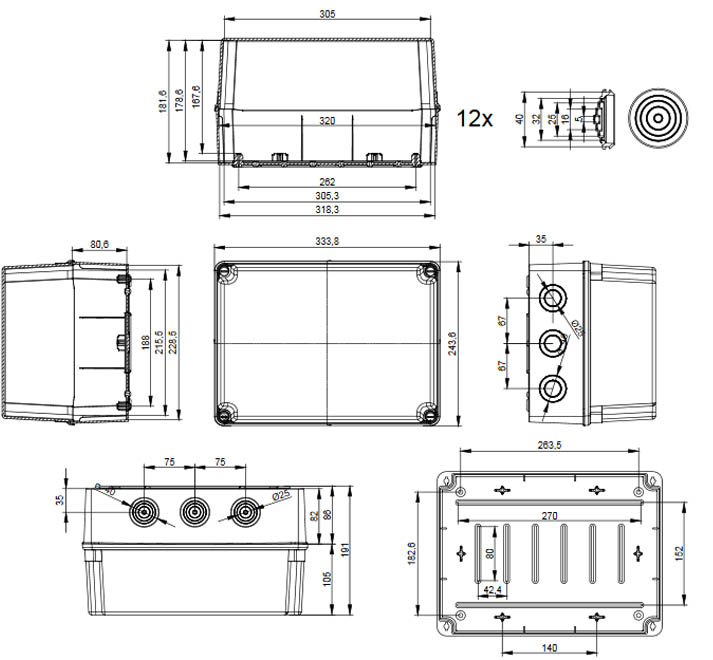 Dimensions et vues de coupe du boitier GSV322