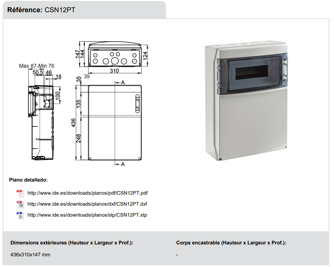 dimensions Coffret IDE STAR 12 modules IP65 prise de courant