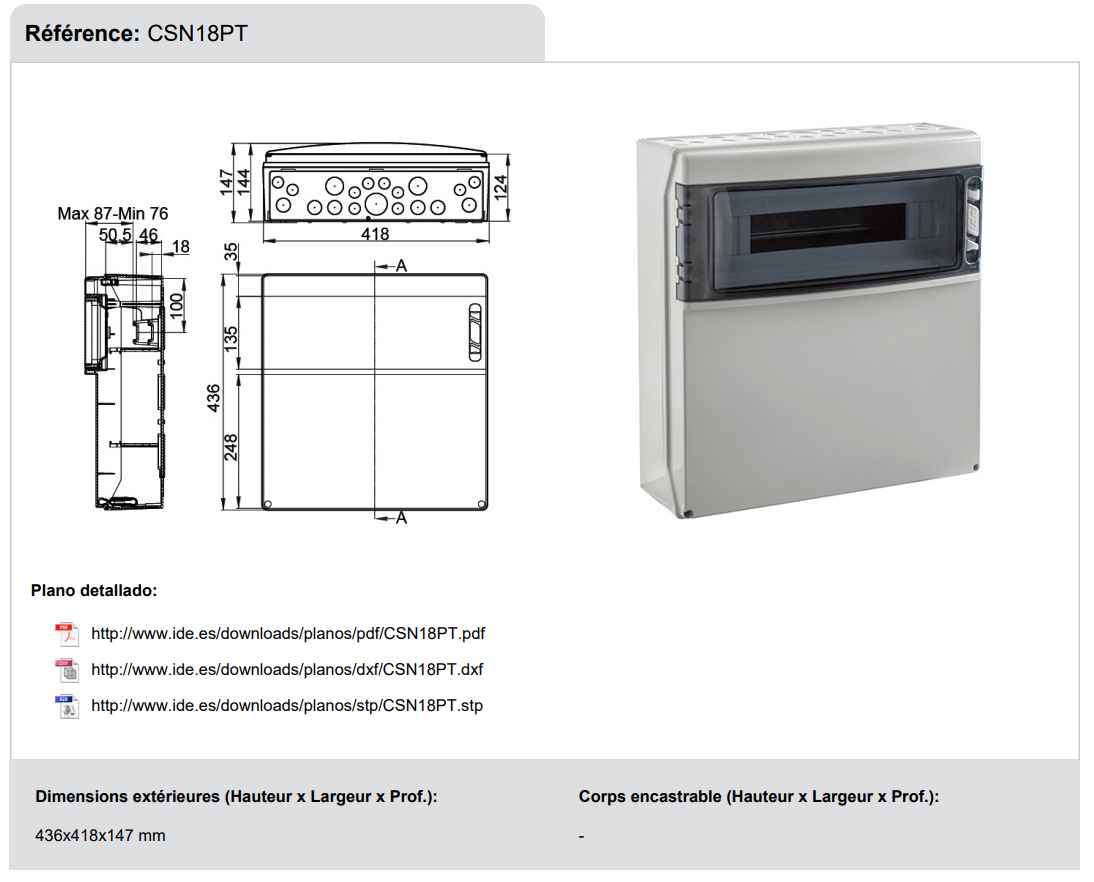 dimensions Coffret IDE STAR 18 modules IP65 prise de courant