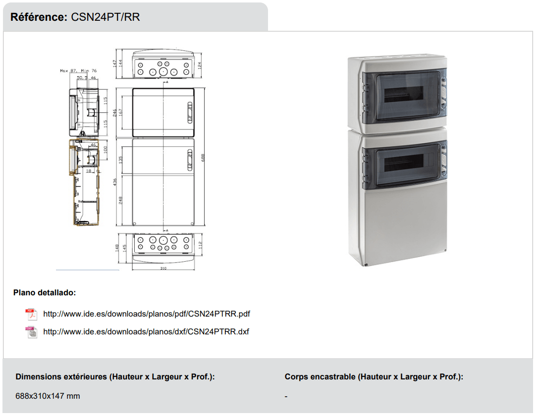 dimensions Coffret IDE STAR 24 modules IP65 prise de courant