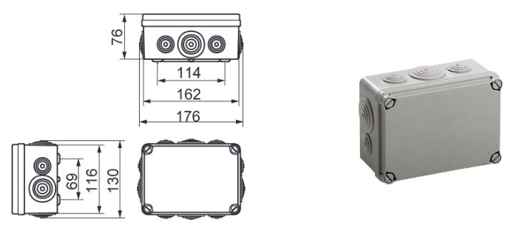 Dimensions de la boite de dérivation étanche extérieure EV161