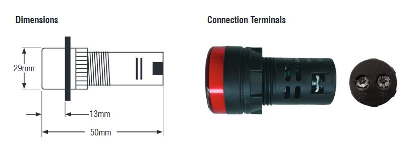 Dimensions du voyant lumineux 230V