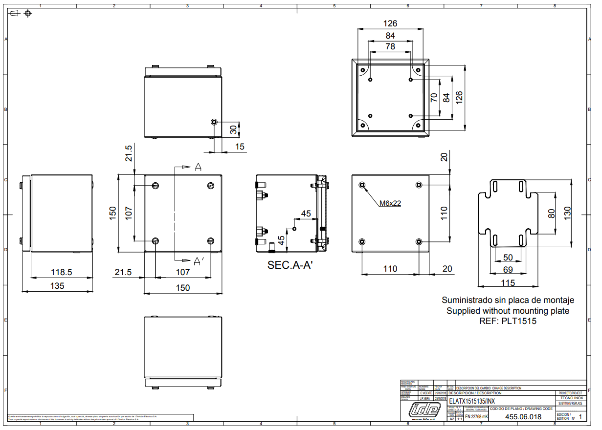 plan detaille  boitier TECNO ATEX inox AISI 316L sans plaque de montage