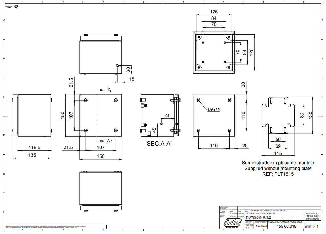 plan detaille Boitier TECNO ATEX inox AISI 304L sans plaque de montage