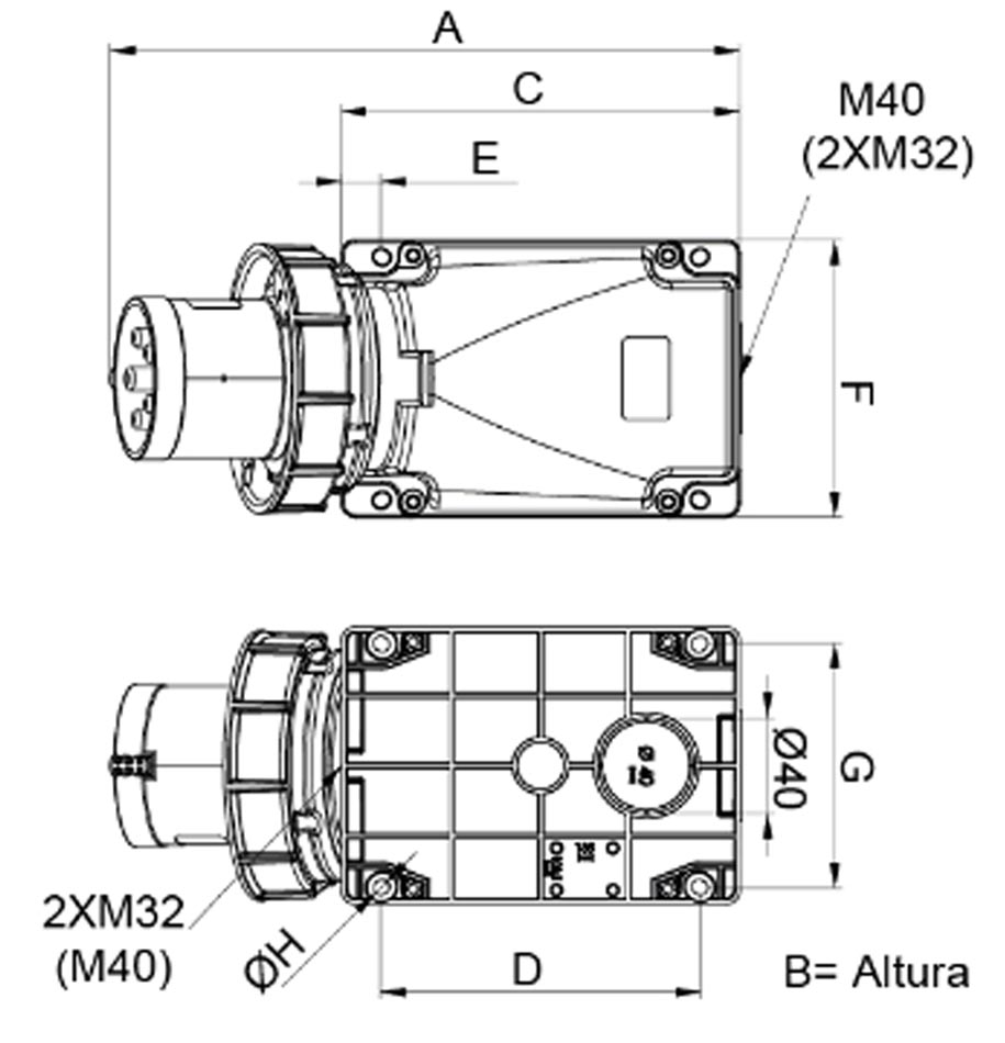 Schéma embase male saille 16a mono en étanchéité IP67